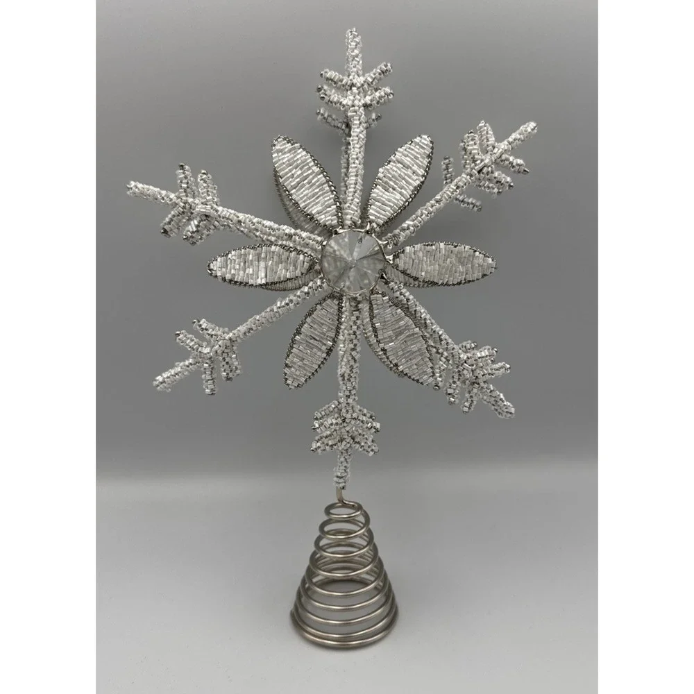 Christmas Snowflake Star Tree Topper White Beaded Coil Base 13